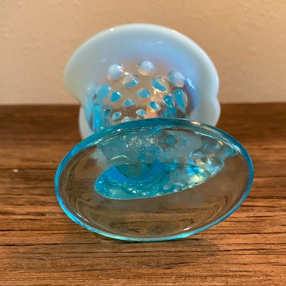 Fenton Blue Opalescent Hobnail Horn of Plenty 
Small Vase - Picture 5 of 8
